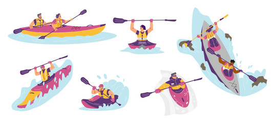 Kayaking or rafting sport, sportsmen rowing with paddle in kayaks at water, river stream, extreme activity vector set