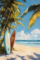Surfers prepare on a sunny beach with palm trees and ocean waves in the background