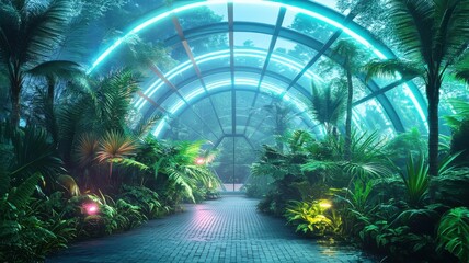 A lush, neon-lit greenhouse filled with vibrant plants, featuring a curved glass structure and a mystical atmosphere.
