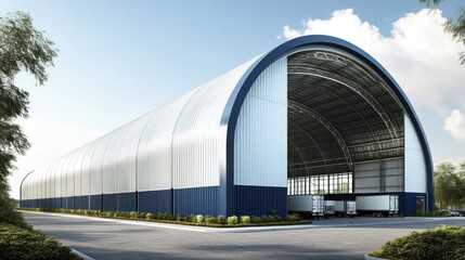 Fototapeta premium Large industrial building with an arched roof, designed for storage or operations.