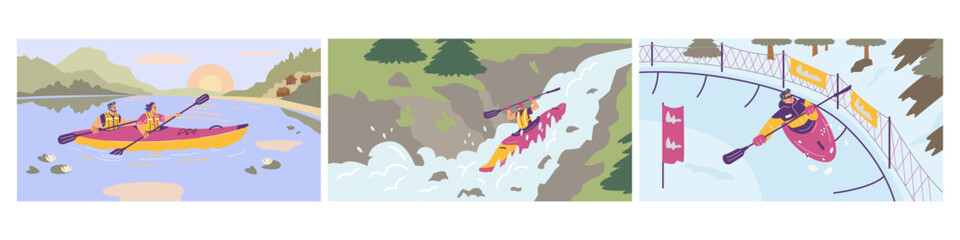 Vector set woman and a man kayaking: in a lake, a river, in the snow.