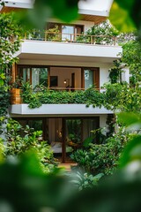 Fototapeta premium This eco house features natural materials, expansive balconies, and abundant greenery, promoting sustainable living in a peaceful, inviting setting