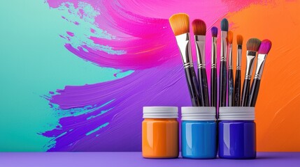 A vibrant arrangement of paintbrushes in jars, set against a colorful abstract background of blended hues.