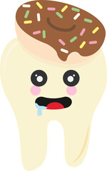 Cartoon illustration of a tooth with a chocolate donut on top. The tooth has large, round eyes, pink cheeks, and an open mouth with a red tongue and a droplet of saliva.
