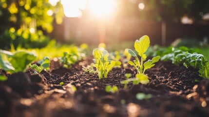 Fresh Green Seedlings Growing in Soil Under Warm Sunlight, Representing New Beginnings, Organic Farming, and Sustainable Agriculture Practices in Home Gardens
