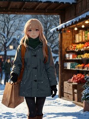 Obraz premium Anime girl shopping in a winter outdoor scene.