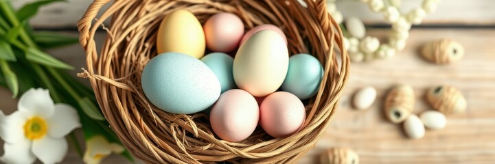 Colorful easter eggs arranged in a woven basket surrounded by decorative elements in a bright and cheerful setting