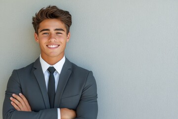 Confident man in suit smiling with arms crossed against plain background