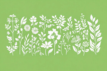 White floral silhouettes on green background: nature-inspired design elements