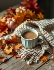 Cozy autumn setting with a warm beverage and colorful leaves on a rustic wooden table