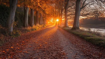 Sunlit autumn path with colorful leaves and trees.