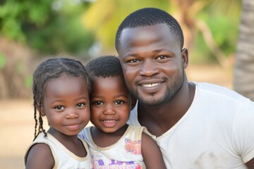 Joyful family portrait captured outdoors with children and father in natural setting