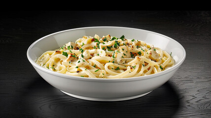 A rich, creamy vegan Alfredo pasta, garnished with roasted garlic and parsley, served in an elegant white ceramic bowl for a delicious, dairy-free dish.
