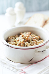 Cabbage with peas. Traditional Polish Christmas Dinner. Bright background.