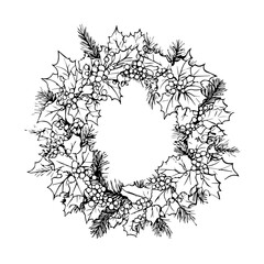 Fototapeta premium A simple line drawing of a wreath graphic, with Holly and Berries , black and white vector illustration