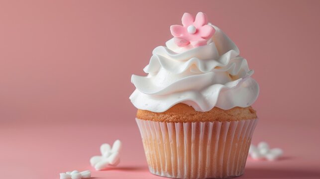 Pink cupcake topped with flower-shaped white whipped cream on a pink backdrop. Ideal for a menu or bakery brochure.