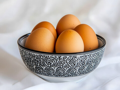 Five brown eggs in a decorative black and white bowl on white fabric - Powered by Adobe