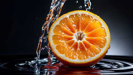 orange with water droplets and half submerged in water on a black background 
