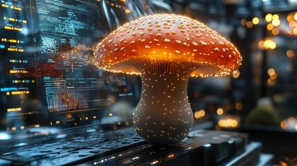 Futuristic laboratory featuring Amanita muscaria under glowing lights and digital displays