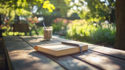 A peaceful moment in nature with a notebook and a drink on a wooden table surrounded by green trees.