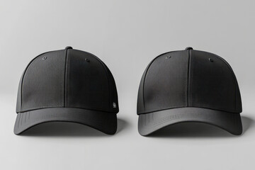 Pair of black baseball caps on neutral background