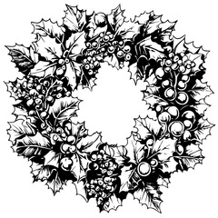 Fototapeta premium A simple line drawing of a wreath graphic, with Holly and Berries , black and white vector illustration