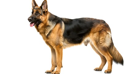 A majestic German Shepherd stands tall against a white background, showcasing its powerful physique and alert expression. 