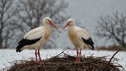 Another stork couple in winter in Cristian, Romania.