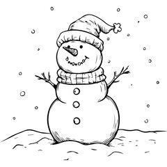 A simple line drawing of a Christmas Snowman, black and white vector illustration