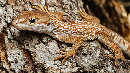 Naklejka premium Close-up view of a lizard resting on a textured tree trunk showcasing intricate details and vibrant colors in natural habitat