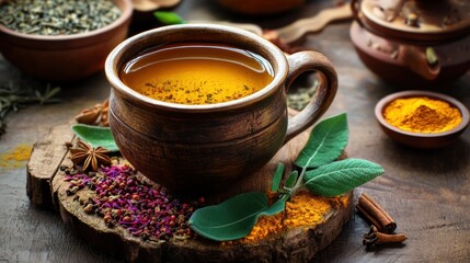A rustic cup of herbal tea surrounded by spices and herbs, evoking warmth and relaxation.