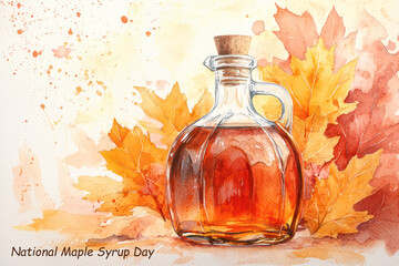 Watercolor illustration of maple syrup bottle with autumn leaves and splatter design for National Maple Syrup Day.