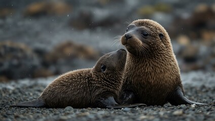 Naklejka premium Antarctic fur seal pup playing with its father.