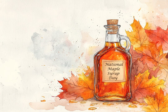 Watercolor illustration of maple syrup bottle with autumn leaves and splatter design for National Maple Syrup Day.