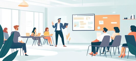 Business Presentation:  A Team Meeting in a Modern Office Space