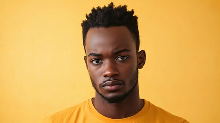 Obraz premium Portrait of a Serious Young Man Against a Bright Yellow Background