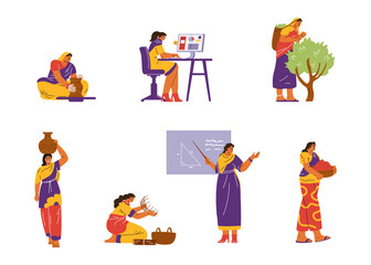 Set of illustrations depicting Indian women in traditional clothing engaged in various activities