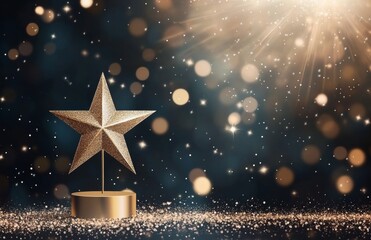 Golden star trophy surrounded by shimmering lights and sparkles in a festive atmosphere