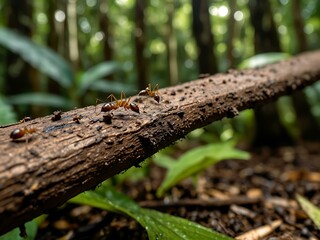 Fototapeta premium Ants moving through the Amazon rainforest, Manu National Park.
