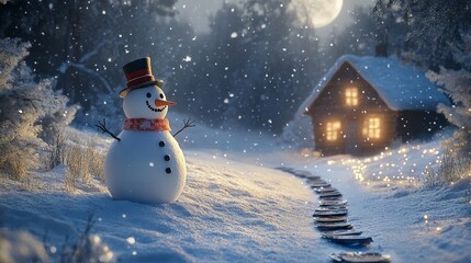 Obraz premium A snowman stands peacefully near a cozy cabin under a moonlit sky. Snow falls gently, creating a serene winter scene.