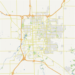Map of Bloomington in Illinois in a normal road map style. Contains layered vector with roads water, parks, etc.