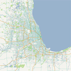 Map of Chicago Metro in Illinois in a normal road map style. Contains layered vector with roads water, parks, etc.
