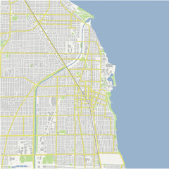 Map of Evanston in Illinois in a normal road map style. Contains layered vector with roads water, parks, etc.