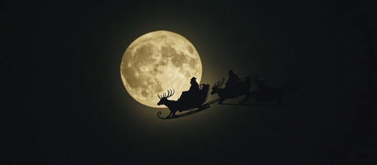 Fototapeta premium Santa Claus and his reindeer flying in front of a full moon in a dark night sky.