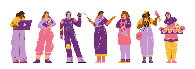 Vector illustration of women in various professions, including teacher, office worker, mother