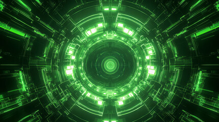 Futuristic green tech tunnel with glowing geometric patterns