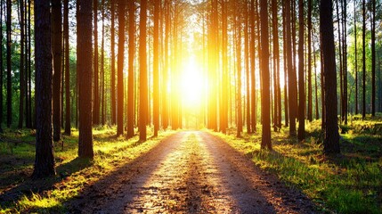 Fototapeta premium Sun-drenched forest path with golden rays filtering through tall trees, creating a magical summer glow
