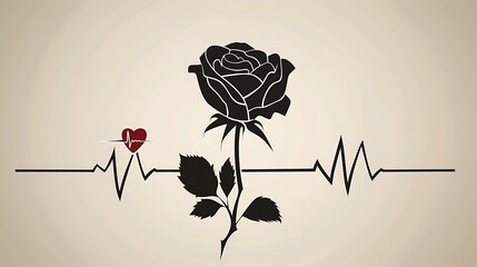 Naklejka premium A black rose with a red heart and a heartbeat line, symbolizing love, passion, and life.