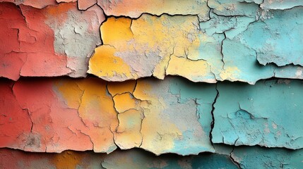 Cracked, layered paint texture in red, yellow, and blue hues.