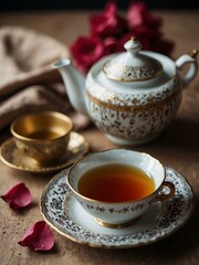 Fototapeta premium Arabian tea served with dried rose petals in fine china.